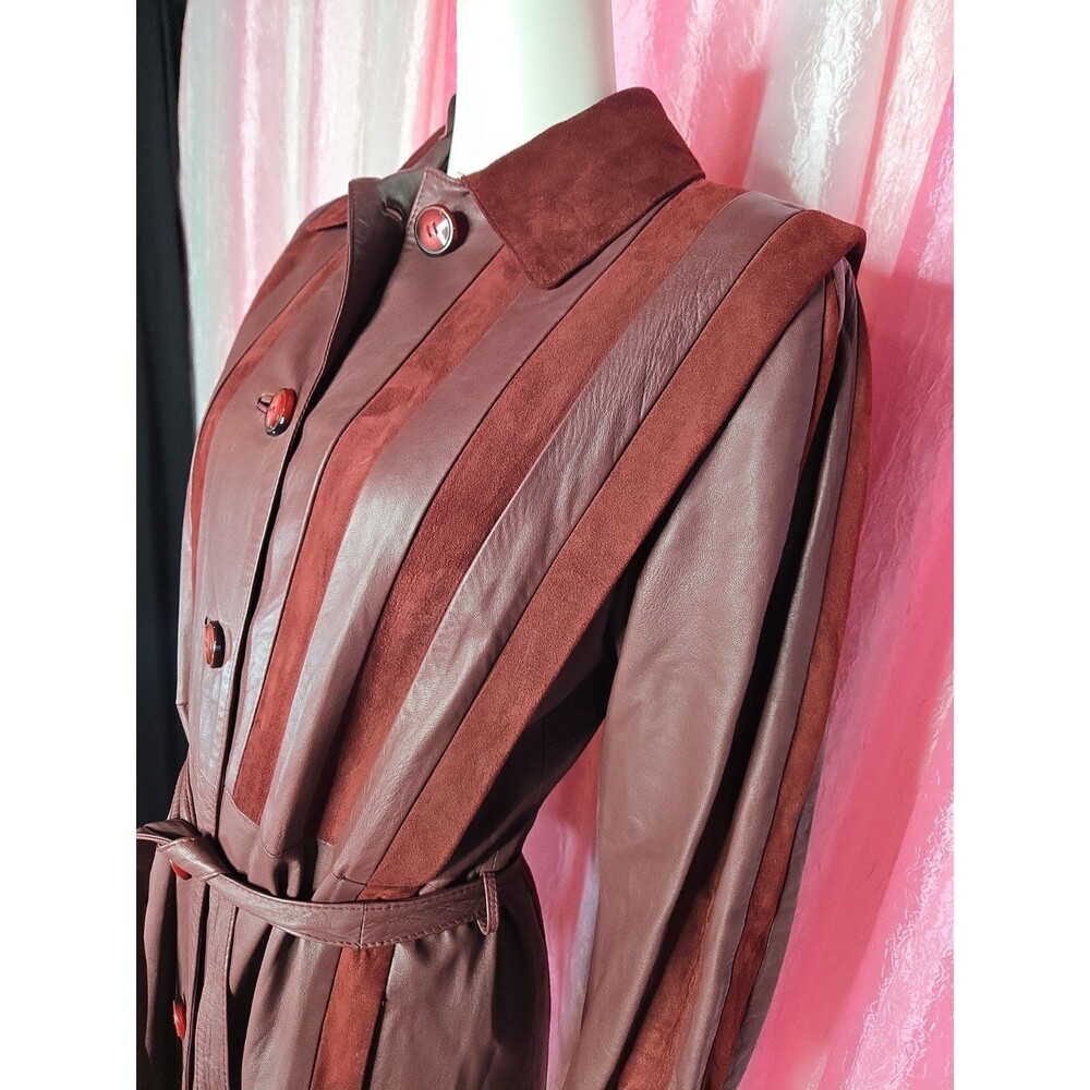 Y2K Exquisite Brick Red Soft Leather Suede Retro Trench Coat Size Medium 8 - Picture 8 of 16